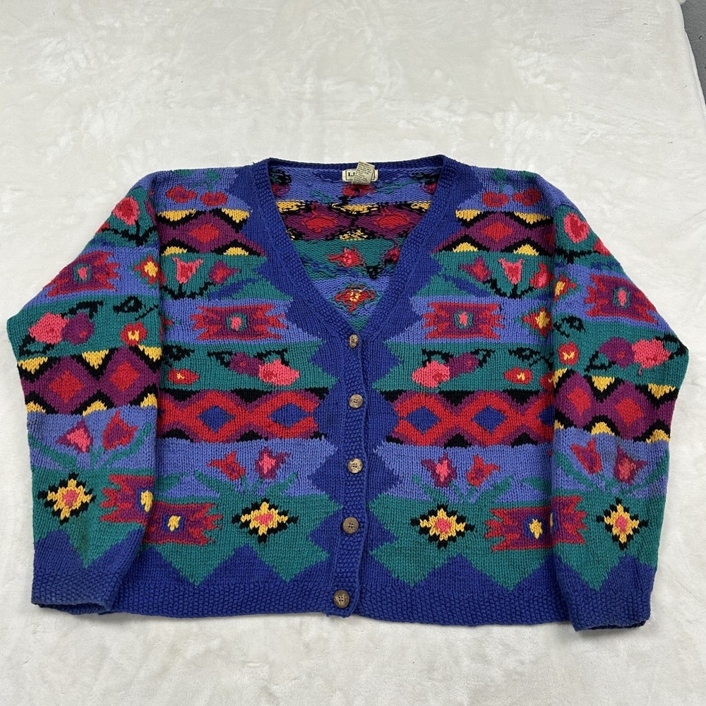 L.L. Bean Cardigan Sweater Womens L Blue Multi Fair Isle Floral Intarsia Knit